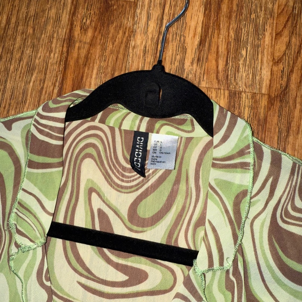 H&M Crop Top Blouse Long Sleeve Tie Front Green Brown Swirl Mesh L Forest Fairy - Picture 3 of 8